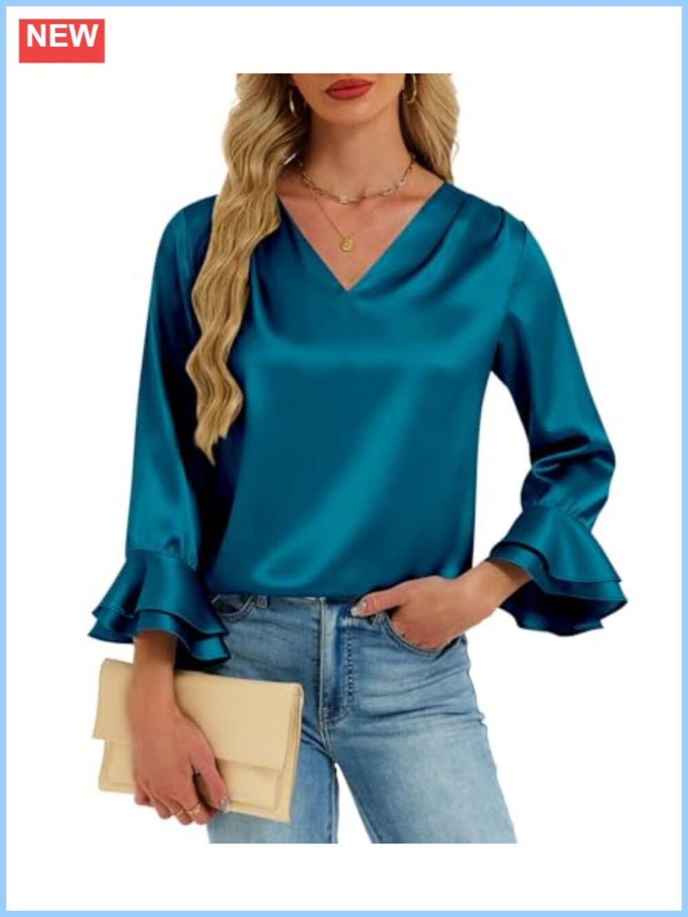 Satin Silk Blouse 3/4 Ruffle Sleeve V Neck Dressy Business Casual Work Top